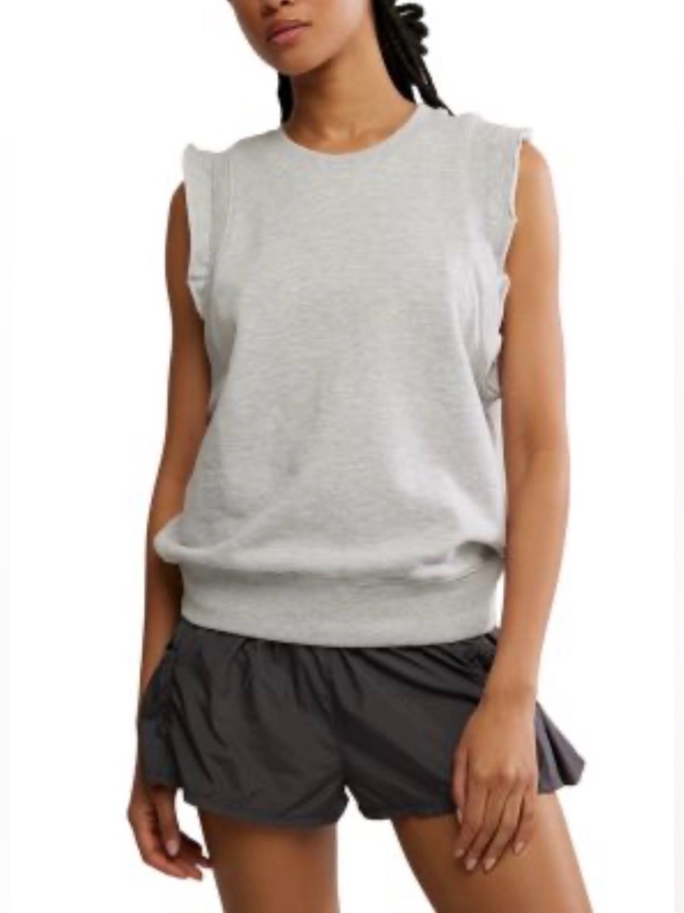 FP Movement Flutter Sleeve Light Heather Gray Sleeveless Ruffle-Trim Tank